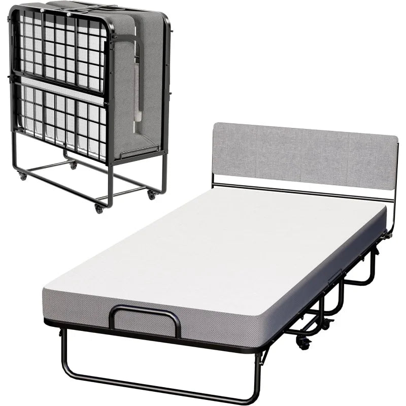 Folding Bed with 5" Memory Foam Mattress, 75" X 39" Twin Guest Bed with Headboard, Portable Rollaway Bed with Sturdy Frame