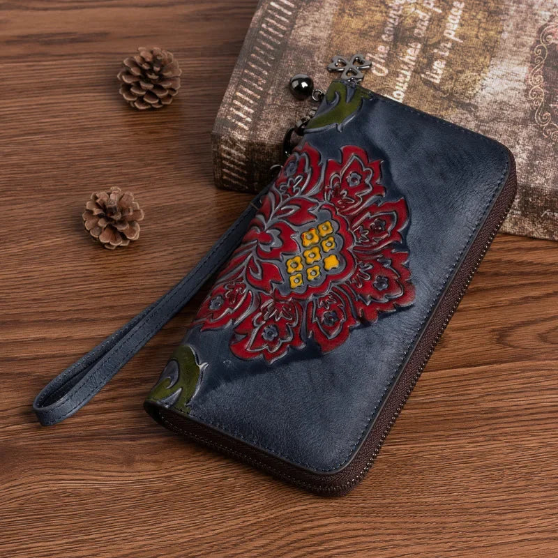 Women‘s New Fashion Leather Embossing Retro Long Clutch Bag Organ Wallet Bifold Large Capacity Long Zipper Card Organizer Purse