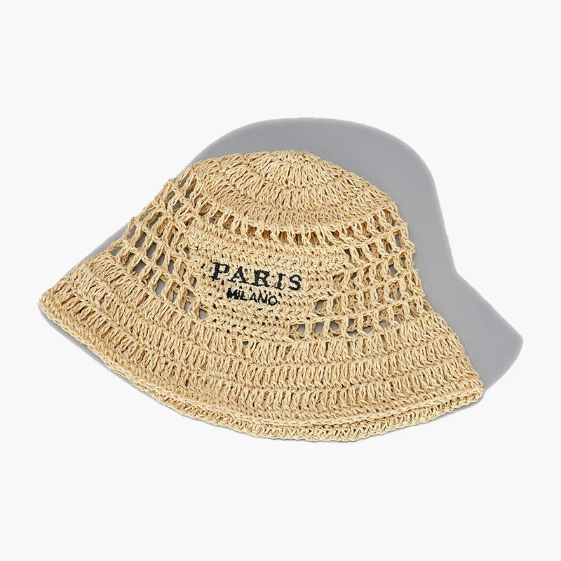 MABULA Wide Brim Women Bucket Hat Summer Straw Woven Sun Visor Hats Luxury Design Hollow Out Hat Fashion Striped Girls Beach Hat