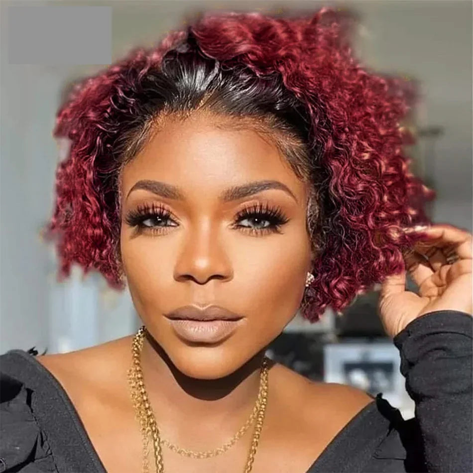 Pixie Cut Wig Short Bob Curly Human Hair Wigs Cheap 13X1 Transparent Lace 99J Burgundy Water Deep Wave Lace Front Wig For Women