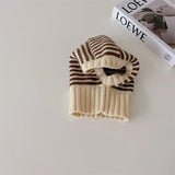 2-6Y Unisex Kids One-Piece Hats Scarf Winter Baby Girls Boys Stripe Knit Cap Woolen Yarn Scarf Earmuff Warm Keep Set for Outdoor