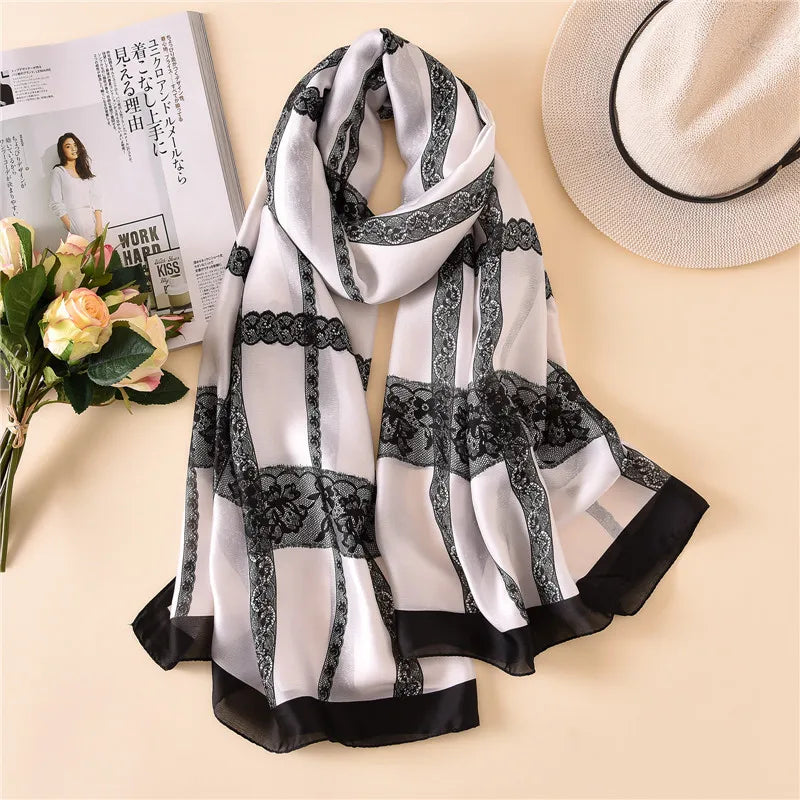 100% Natural Silk Scarf Women Luxury Brand Digital Print Flowers Silk Pashmina Shawl Female Long Bandana Foulard 2020 Oversize