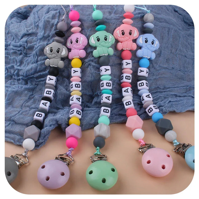 Baby Personalized Name Pacifier Clip Newborn Pacifiers Holder Custom Elephant Gum Nipple Chain Set Silicone Teething Toy Gift