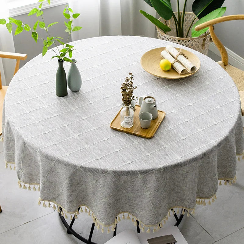 Three-dimensional Jacquard Checkered Round Tablecloth,Cotton Linen Tassels Dust-Proof Table Cover,For Dinner Party Wedding Decor