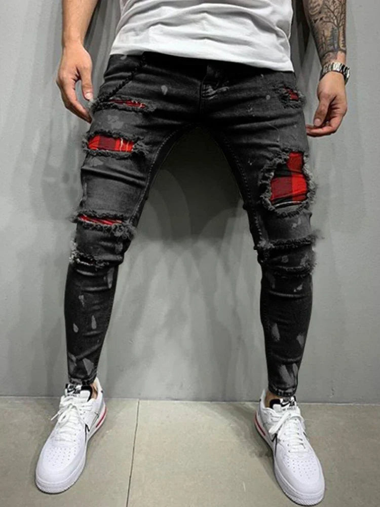 Distress Plaid Patch Holes Streetwear Ripped Skinny Jeans Men Biker Slim Elastic Denim Cargo Pants Y2K Pantalones Hombre Joggers