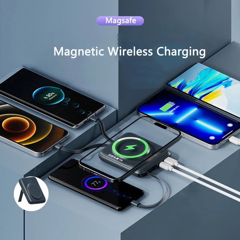 Magnetic Wireless Charger Magsafe Powerbank Built in Cable Mobile Phone Holder for iPhone 15 14 13 12 Pro Max Charger 10000mAh