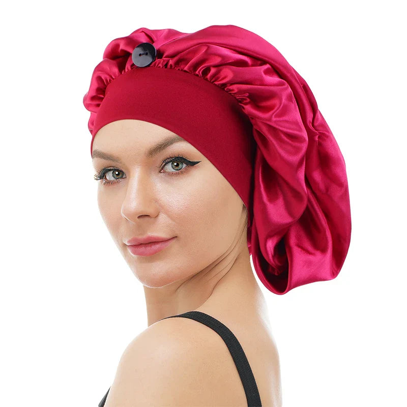 Satin Long Nightcap Wide Edge Adjustable Bonnet Women Solid Color Belt Buckle Sleepcap Hair Care Beauty Cap Lady Hair-Drying Hat