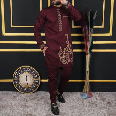 African Men's Kurta Dress White Embroidered Top And Trousers 2 Piece Suit Noble Groom Dress Banquet Ball Fashion Slim Dress Suit