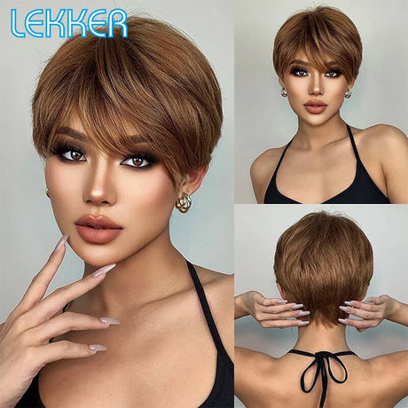 Lekker Wear and Go Golden Blonde Straight Short Pixie Cut Bob Human Hair Wig With Bangs For Women Brazilian Remy Hair Easy Wigs