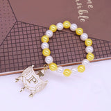 Stylish Stretch Elastic White Yellow Pearl Beads College Group Letter Shield Pendants Philo Bracelets