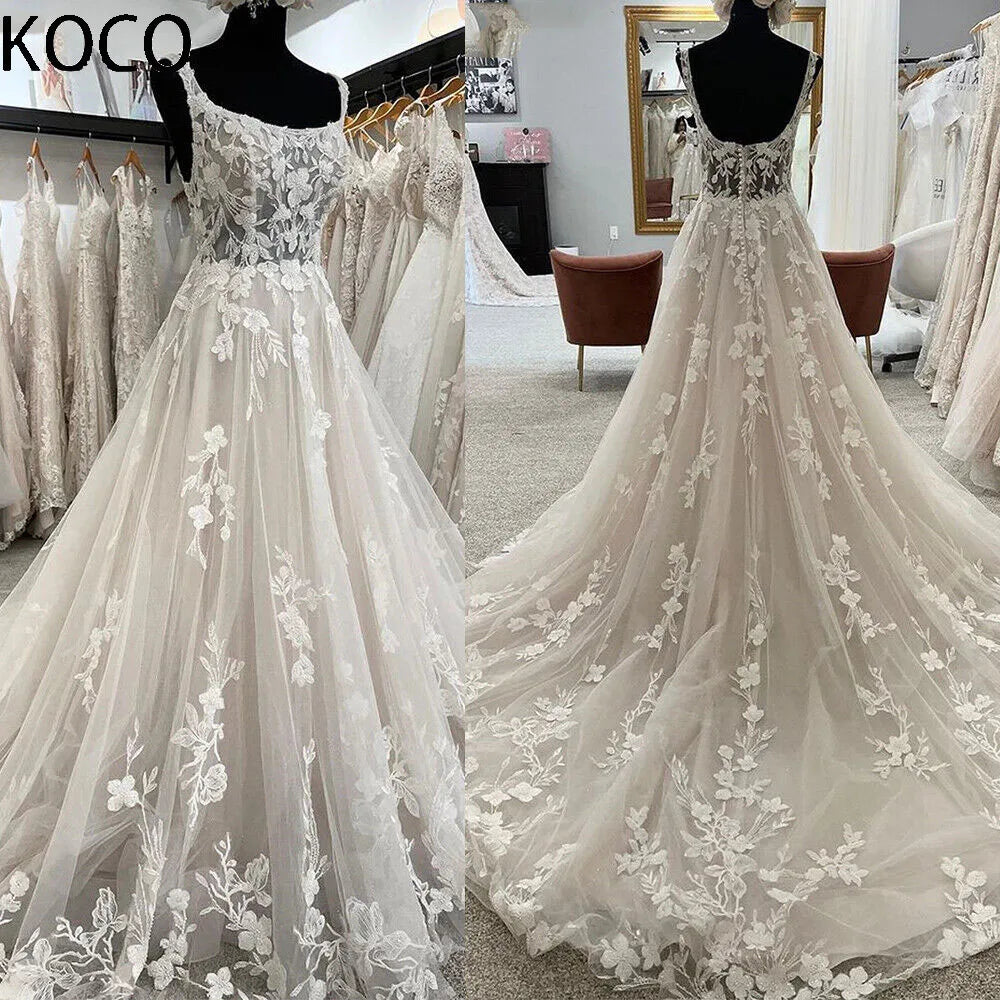 MACDOUGAL Beach Wedding Dresses Square Neck Lace Sleeveless Bridal Gowns Sweep Train robe de mariée Custom Made For Women 2023