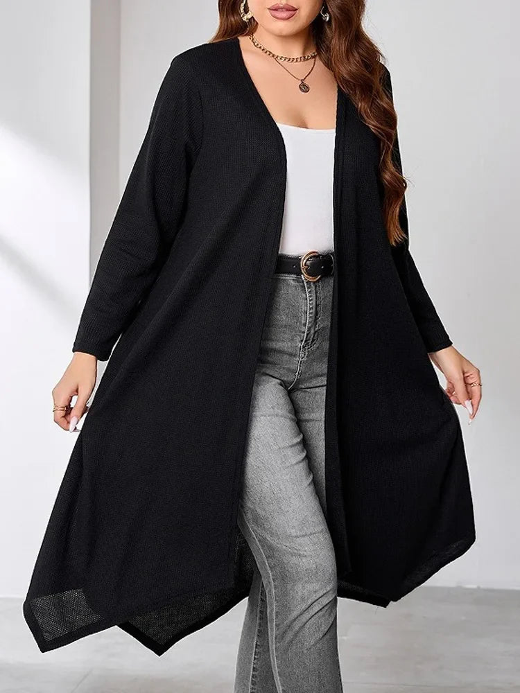 GIBSIE Plus Size Black Casual Long Cardigan Women Spring Fall Loose Long Sleeve Open Front Outwear Top Female with Pockets