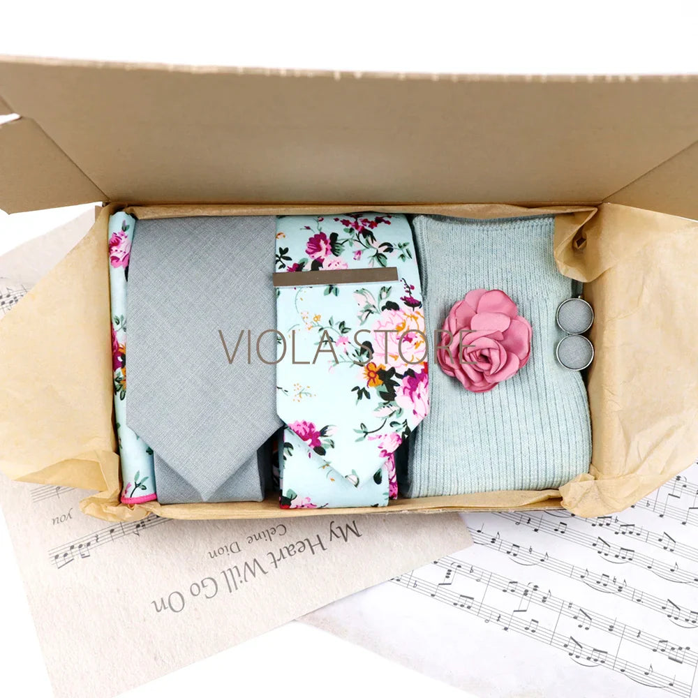 Viola Design 7 PCS Gift Box Cotton Sock Tie Sets Clip Pin Cufflinks Hanky Solid Floral Men Wedding Party Daily Cravat Accessory