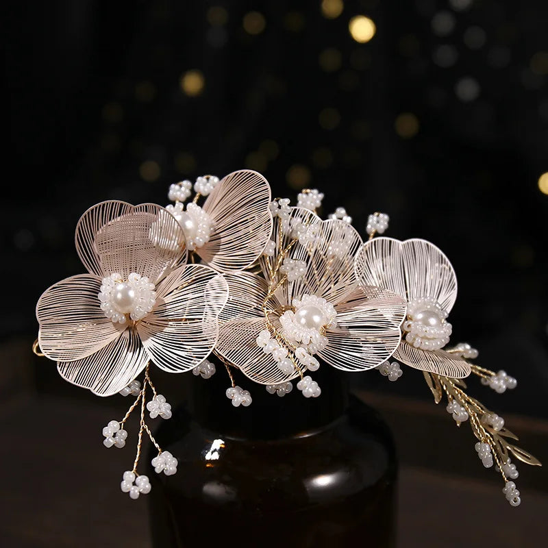 Bride Headbands Tiaras For Women Golden Pearl Flower Hairbands Engagement Prom Headpiece Wedding Hair Accessories Noiva Jewelry