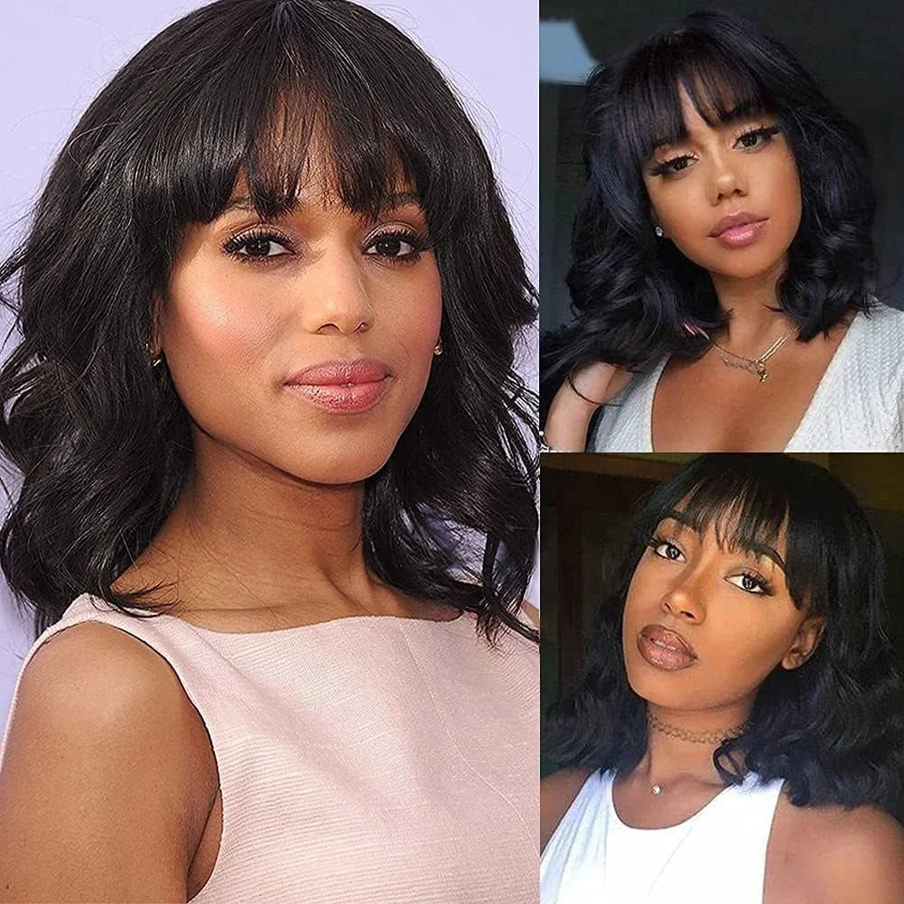 Body Wave Short Bob Human Hair Wig With Bangs Full Machine Made Glueless For Black Women Brazilian Water Wave Bob Wig With Bangs