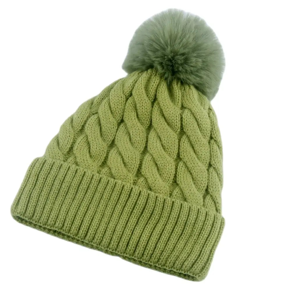 Warm Fleece Lined Hat Women Winter Beanies Cable Knitted Pom Pom Hat Plain Skullies Olive Green Black Grey White Beige Pink