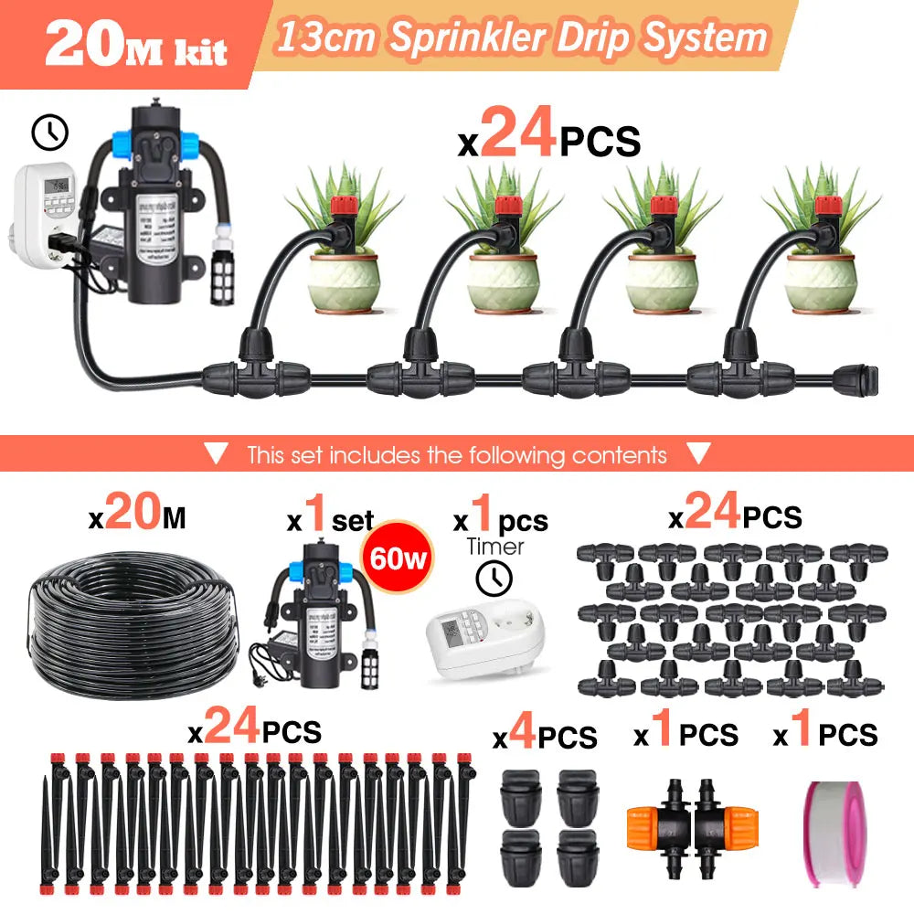 50-5M 13cm Stake Sprinkler Watering System Garden 60W Power Self-Priming Pump Automatic Irrigation Equipment 1/4”Hose Drip Kits