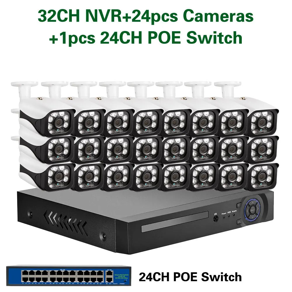 32 Channel 4K NVR Kit 5MP POE CCTV Camera Security System Kit 32CH XMEYE POE IP Camera Video Surveillance System Set H.265 24CH