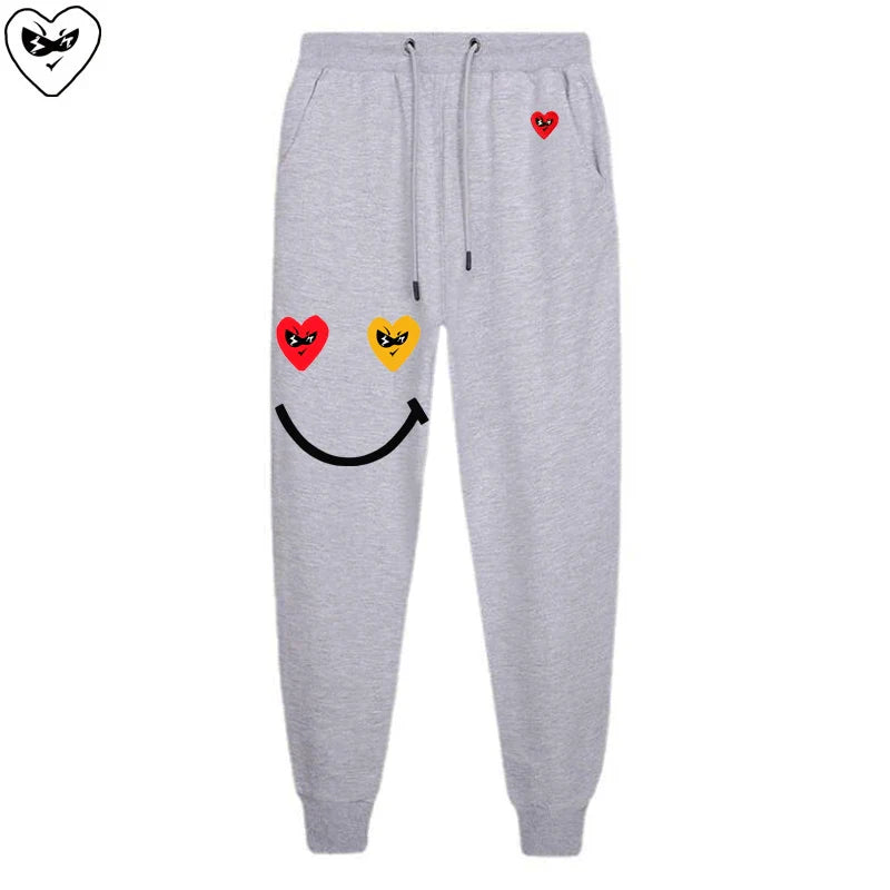 Men Women Spring Autumn Pants Heart Cartoon Embroidery Smiling Face Print Cotton Elastic Bind Feet Drawstring Casual Pants