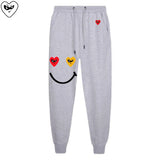 Men Women Spring Autumn Pants Heart Cartoon Embroidery Smiling Face Print Cotton Elastic Bind Feet Drawstring Casual Pants