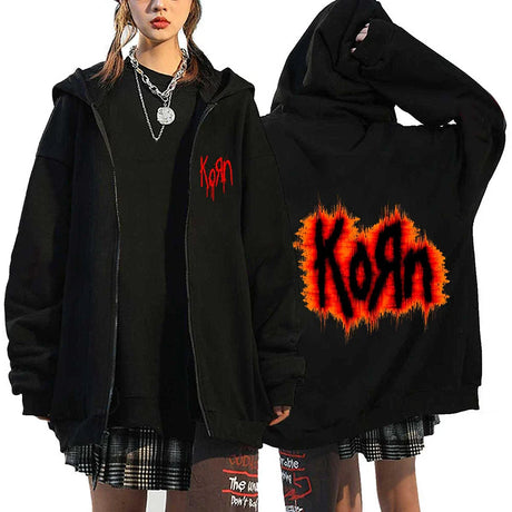 Korn Rock Band Sweatshirts WORLD TOUR Hoodies Cartoon Vintage Metal Gothic Streetwear Zip Up Jackets Tops Fleece Oversized Coats