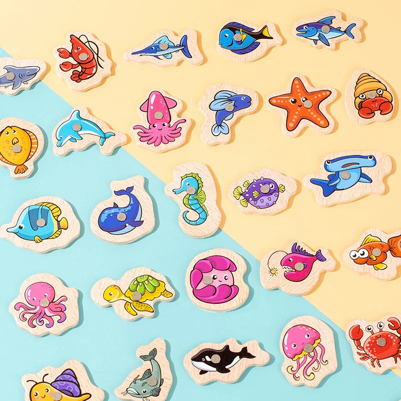 Montessori Wooden Magnetic Fishing Toys for Baby Cartoon Marine Life Cognition Fish Games Education Parent-Child Interactive