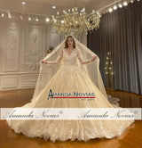 NS4667 Champagne Color Full Lace Wedding Gown With Veil