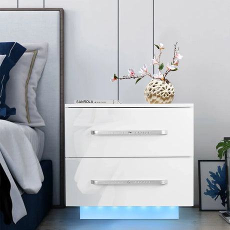 Modern Luxury LED Light Nightstand w/2 Drawers Organizer Storage Cabinet Bedside Table Bedroom Furniture for Night 20 Colors