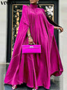 Plus Size 5XL VONDA 2024 Women Stand Collar Elegant Satin Dress Long Bat Sleeve Evening Pleated Maxi Sundress Casual Solid Robe