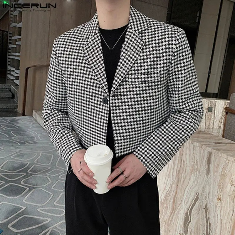 INCERUN Tops 2023 Korean Style Handsome New Mens Plaid Design Suit Casual Party Shows Male Well Fitting Short-style Blazer S-5XL