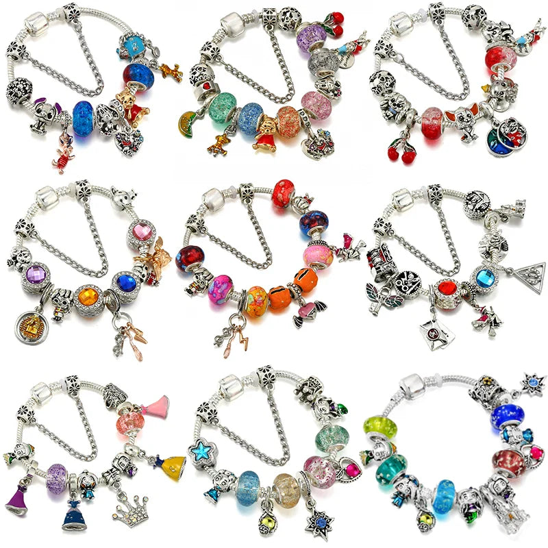 Cute Enamel Disney Princess Dress Charms Bracelet Women Colorful Glass Beads for Jewelry Making Girl Cartoon Skirt Pendants Gift