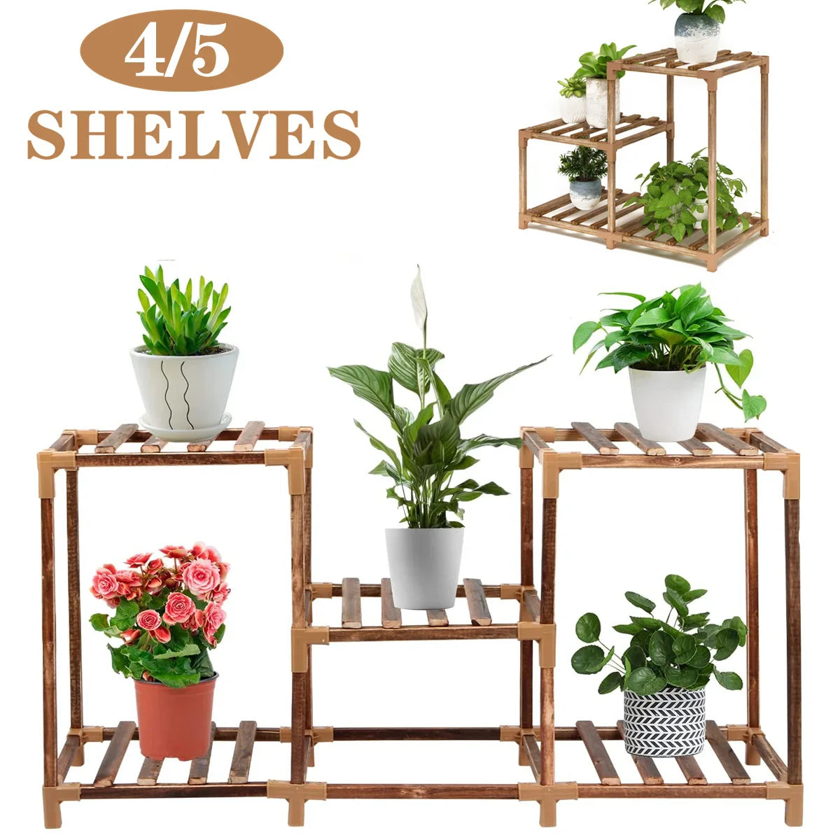 4/5-Shelves Plant Flower Stand Indoor Outdoor Wooden Plants Shelf Home Garden Pots Flower Rack Planter Display Shelf Plant Stand