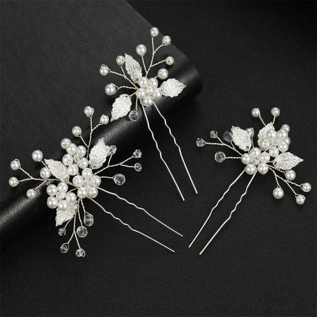 Pearl Flower Hairpin Side Comb Golden Leaf Shaped Alloy Tiaras Wedding Bride Insert Hair Clips Hair Jewelry Bride Headwear