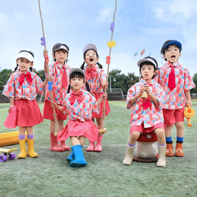 Children Performance Costume Rose Red Plaid Shirt Shorts Skirt School Kindergarten Sports Meet Cheerleading Uniforms Street Wear