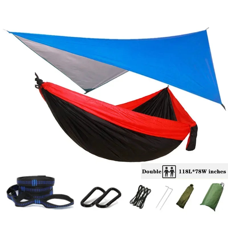 Oversized Double 118inx79in Hammock with Tree Straps and Rain Fly, Indoor Outdoor Backpacking Survival & Travel Camping Hammock