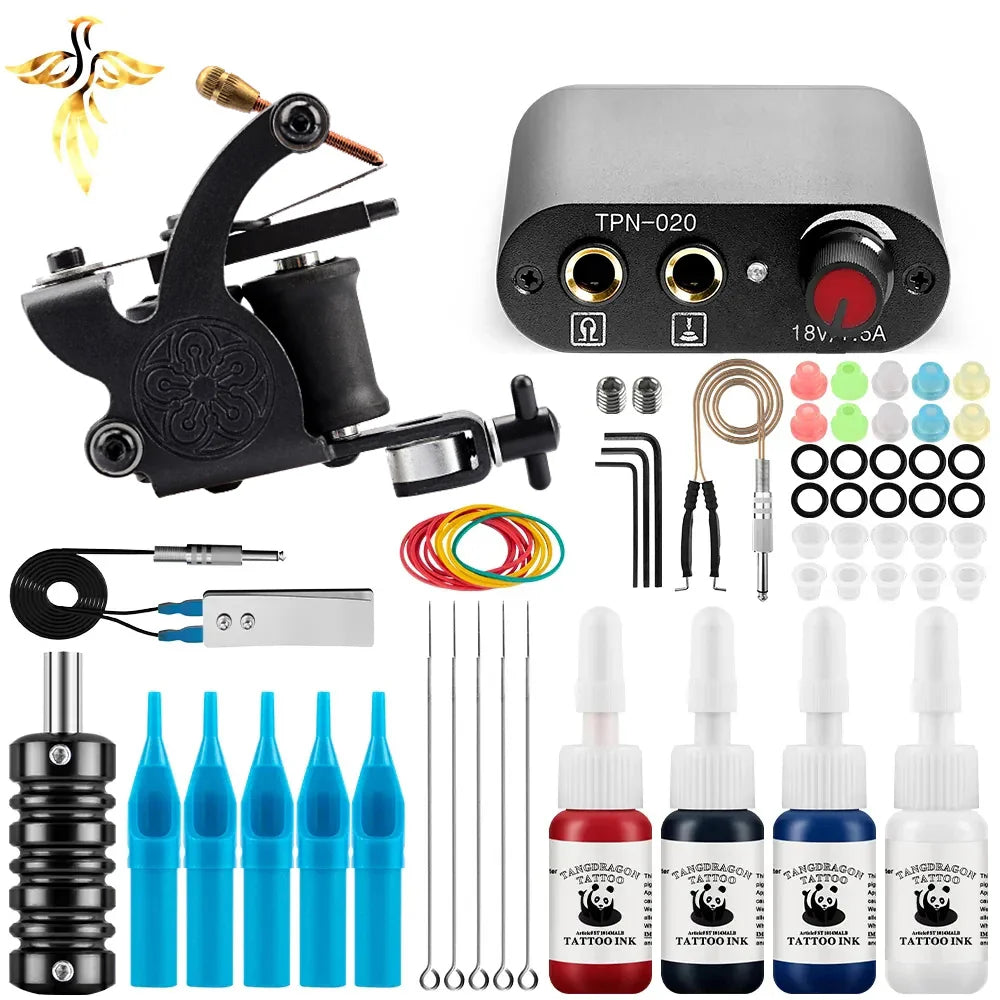 Tattoo Machine Set Beginner Practice Set Tattoo Needles Pigment Foot Pedal Power Cord Tattoo Equipment Supplies Shader Liner Kit