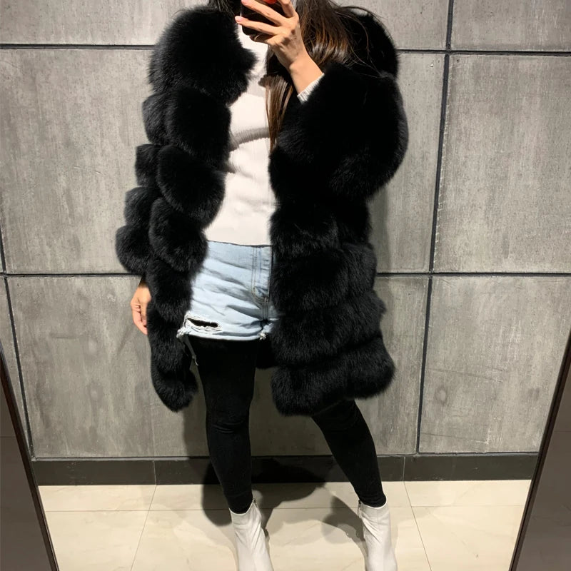 New Lady Winter Natural White Long Real Fox Fur Coat Women