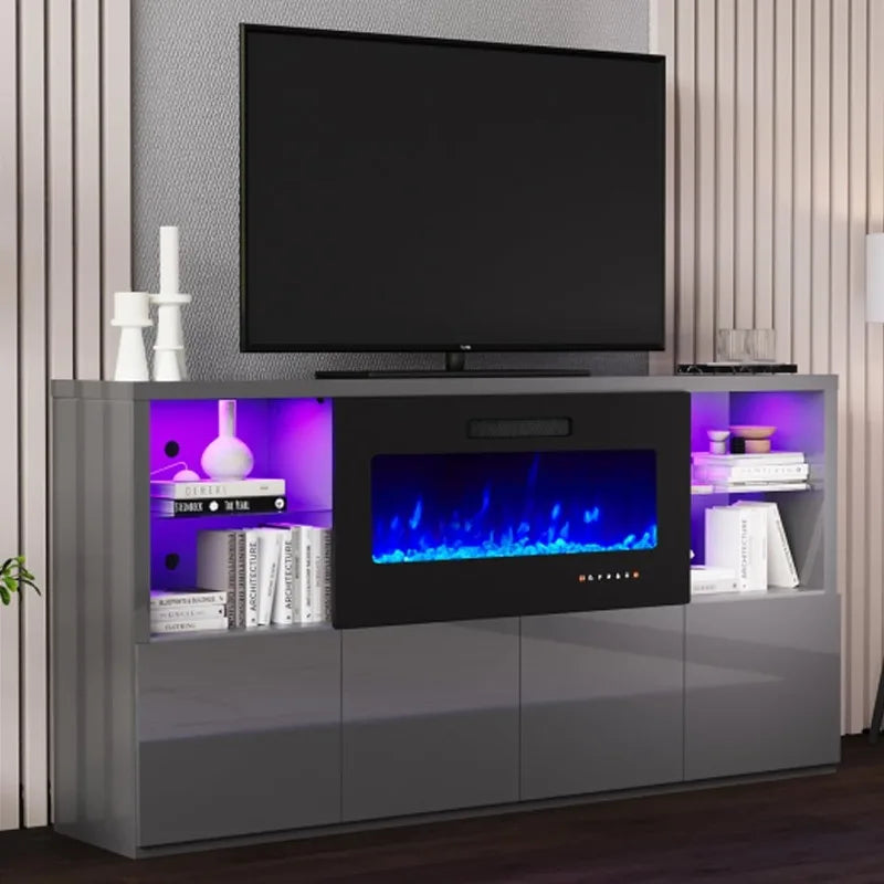 68'' Fireplace TV Stand with 40'' Fireplace, Modern High Gloss Media Entertainment Center with LED Lights for TVs up to 78''