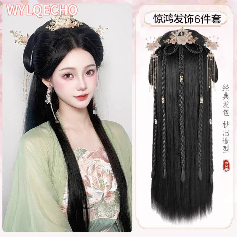 Hanfu Cosplay Wigs Women Black Anime Ancient Chinese Hanfu Wigs Headgear Accessories Hanfu Long Straight Wigs Black Wig Headband