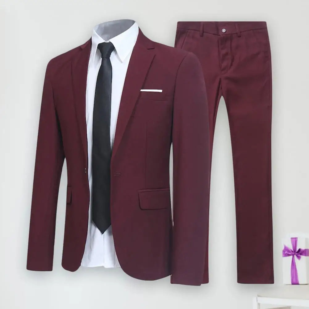 1 Set Trendy Men Blazer Pants British Style Men Suit Set Turndown Collar One Button Lapel Suit Set  Streetwear