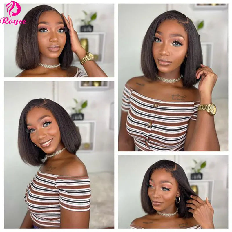 Kinky Straight Edged Bob Wig Human Hair Wigs Pre Plucked Yaki 13X4 Short Bob Lace Front Wig For Woman 4x4 Lace Closure Wig