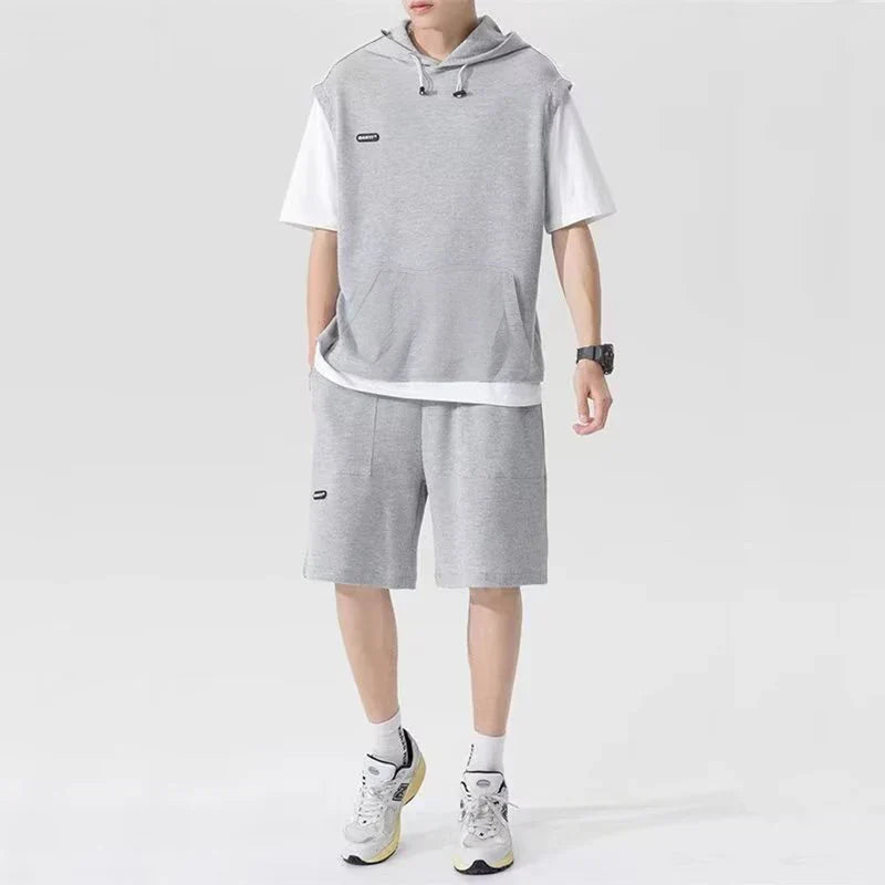 Summer Men's Large Size Sports Suit Breathable Casual Wear Wild High Street Chic Fake Two-piece Casual T-shirt Simple Shorts