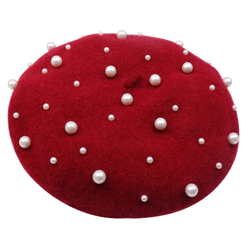 Winter Hat Knitted Wool Beret Bonnet Female French Winter Warm Pearl Berets Caps For Women Beading Ski Boina Painter Gorras