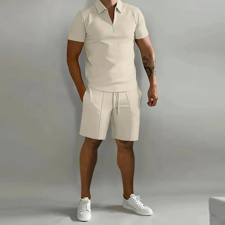 Summer New Solid Color Men's Sets High Street POLO Collar Short Sleeve Zip Fastener Pullovers Elastic Waist Pockets Y2K Shorts