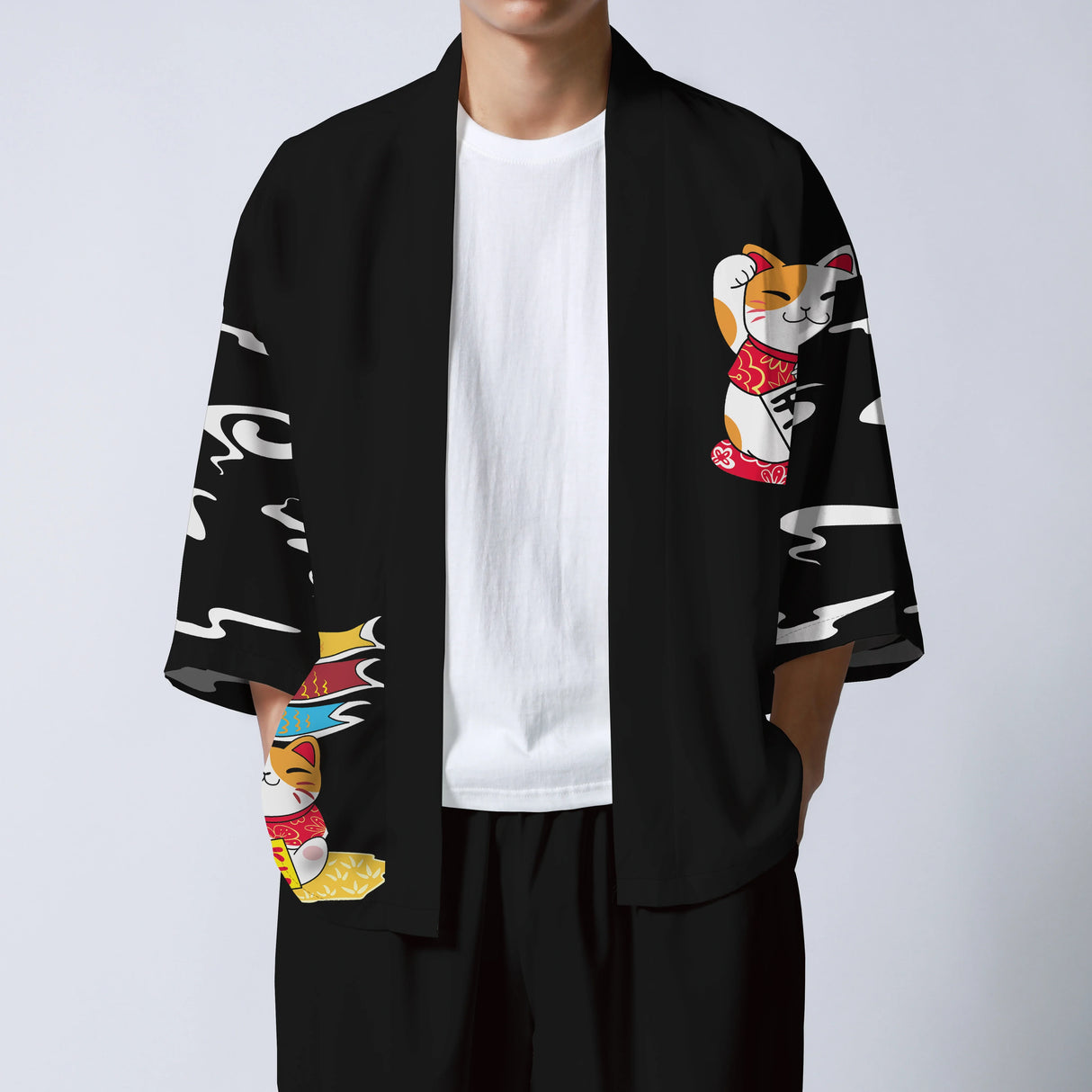 Men's Casual Kimono Style "Cheerful" Cat Loose Fit Open Front Shirt, Male Clothes For Summer And Photograph