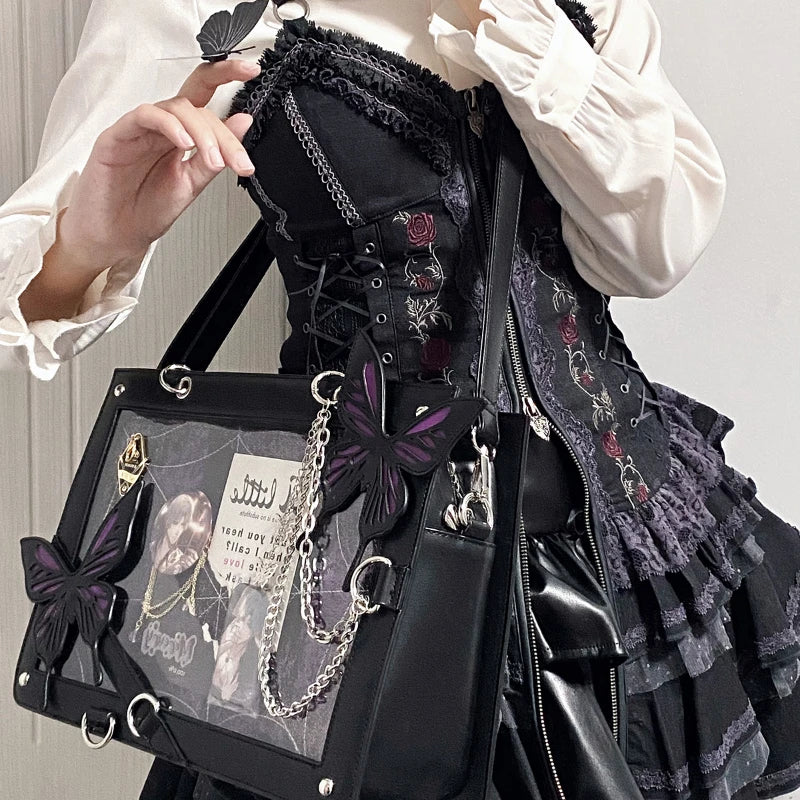 Y2K Labyrinth Butterfly Spider Web Letter Chain Handbags DIY Transparent Ita Bag Lolita Gothic Tote Vintage Fashion Shoulder Bag