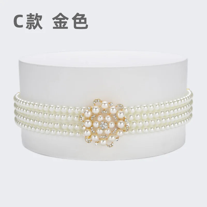 New Ladies Pearl Waist Chain Rhinestone Pearl Decorative Belt Fashion Sweet Dress Elastic Elastic Belt Women’s Designer Belts