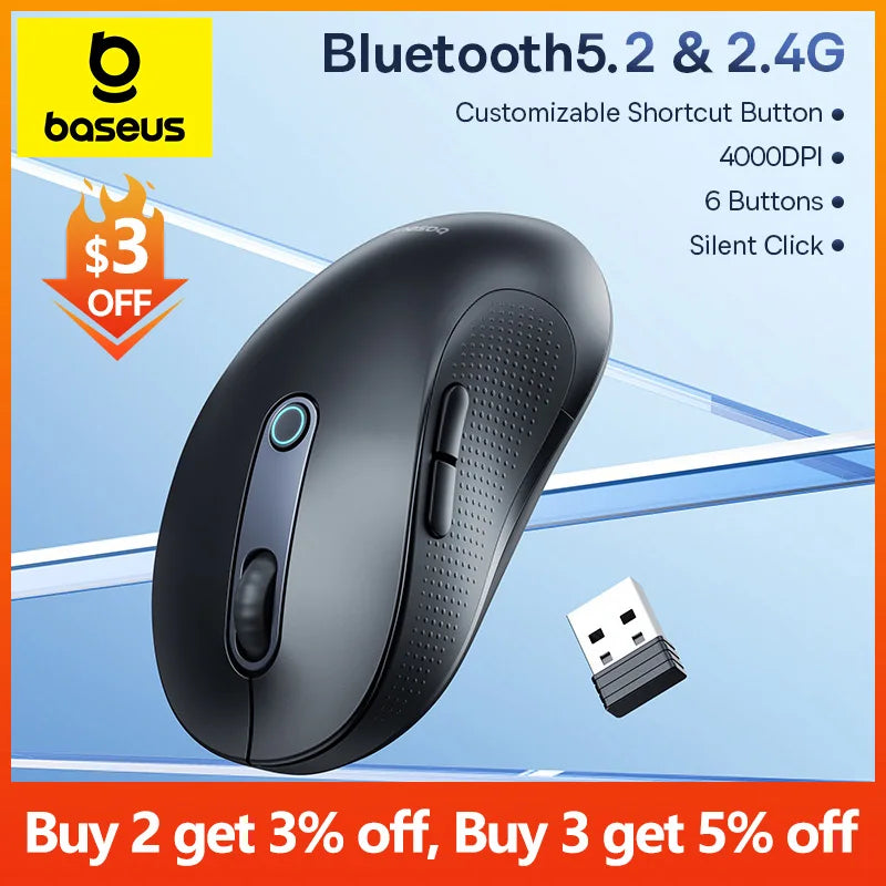 Baseus F02 Wireless Mouse Bluetooth 5.2 2.4G 4000DPI Ergonomic 6 Mute Buttons Mice for iPad MacBook Tablet Laptop Computer Mouse