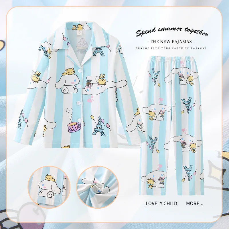 2024 Kawaii Miniso Spring Autumn Children Pajamas Anime Kuromi Cinnamoroll Pochacco Boy Girl Milk Silk Sleepwear Kids Loungewear