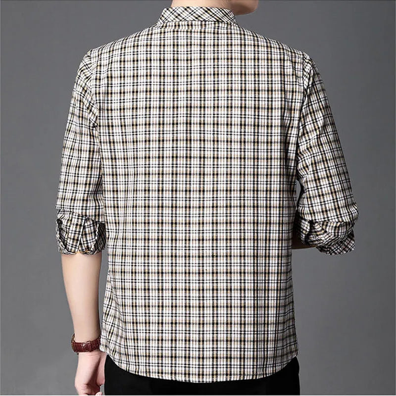 2023 Spring and Autumn Men's New Fashion with True Pocket Polo Collar Long Sleeve Shirt Plaid Business Casual Versatile Top